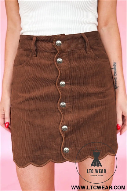 Coffee Button Front Corduroy Mini Pockets Sheath Silhouette Skirt