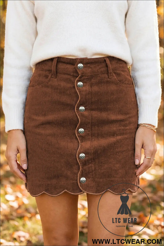 Coffee Button Front Corduroy Mini Pockets Sheath Silhouette Skirt