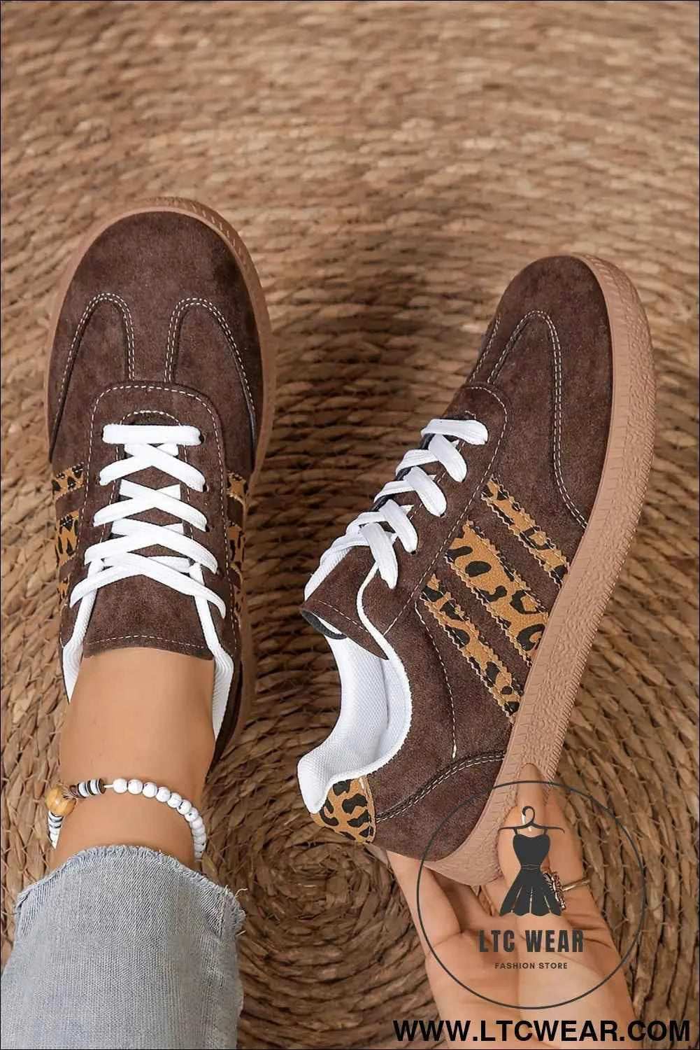 Coffee Contrast Lace-up Leopard Patchwork Detail Faux Suede Shoes