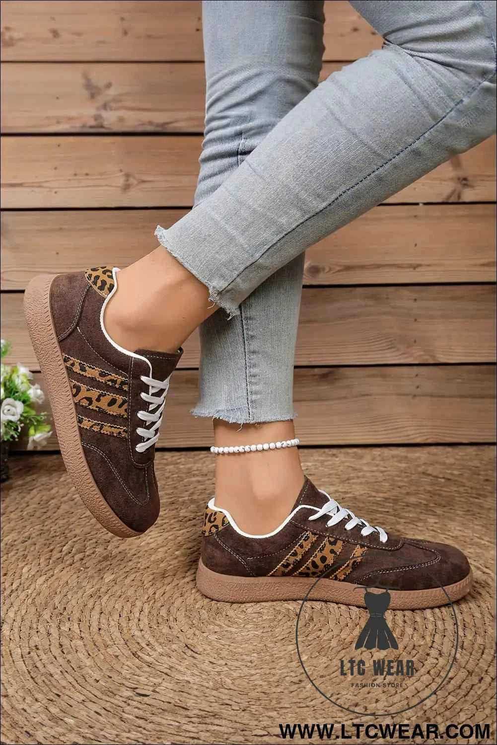 Coffee Contrast Lace-up Leopard Patchwork Detail Faux Suede Shoes