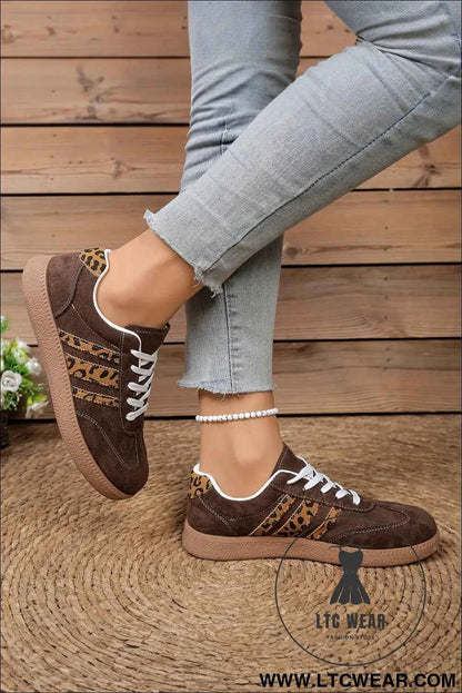 Coffee Contrast Lace-up Leopard Patchwork Detail Faux Suede Shoes