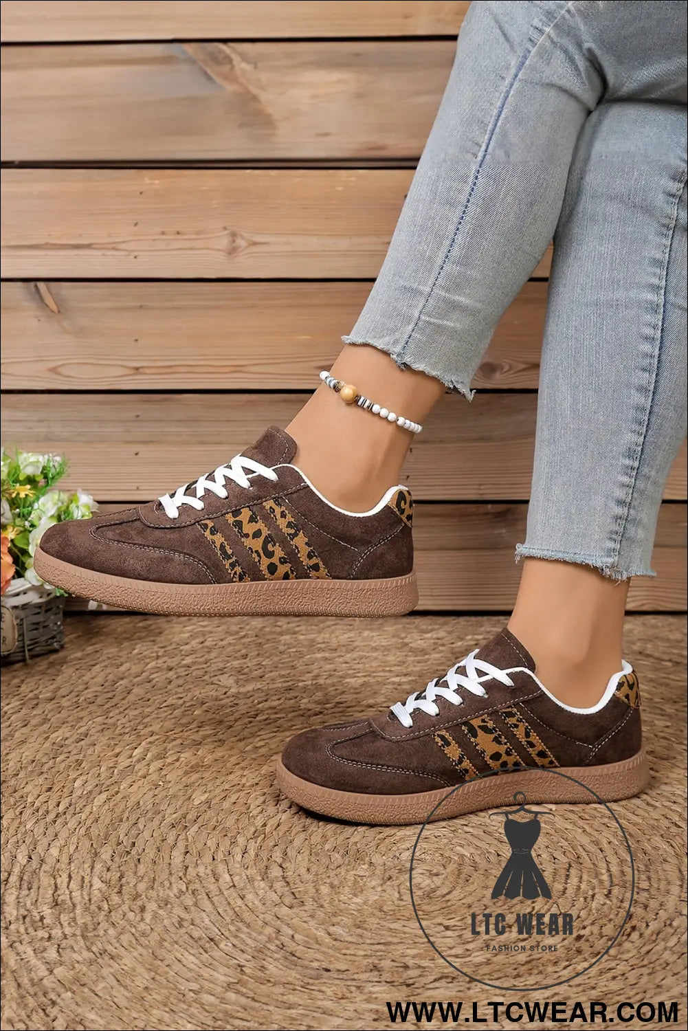 Coffee Contrast Lace-up Leopard Patchwork Detail Faux Suede Shoes - L.T.C Wear Online Fashion Store