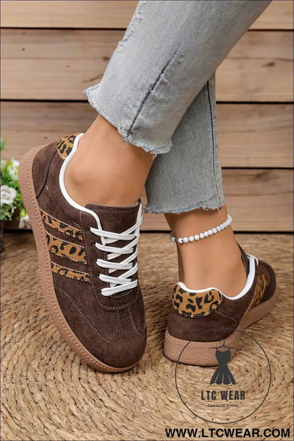 Coffee Contrast Lace-up Leopard Patchwork Detail Faux Suede Shoes