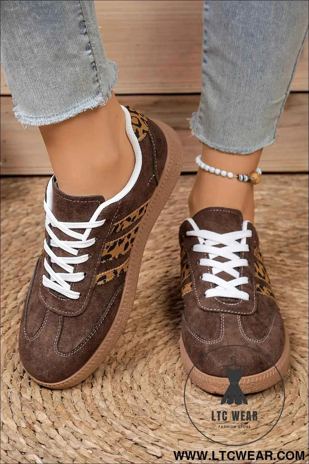 Coffee Contrast Lace-up Leopard Patchwork Detail Faux Suede Shoes