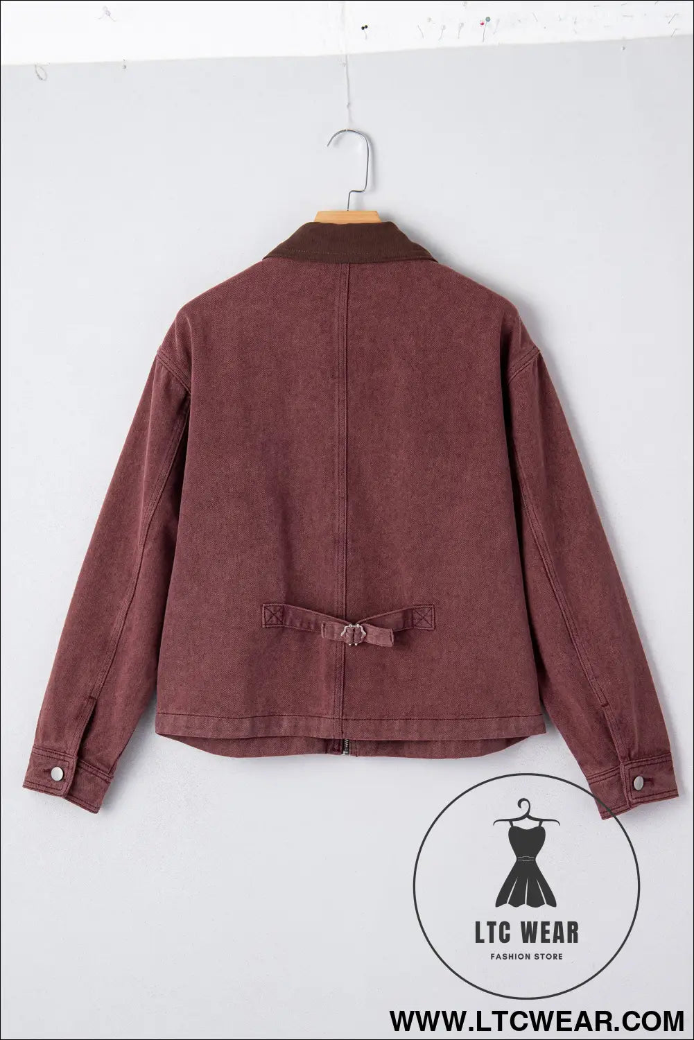 Coffee corduroy collar zipped front denim jacket - jackets