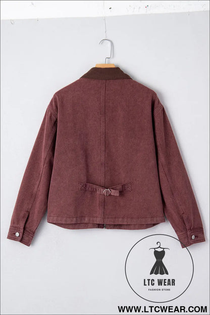 Coffee corduroy collar zipped front denim jacket - jackets