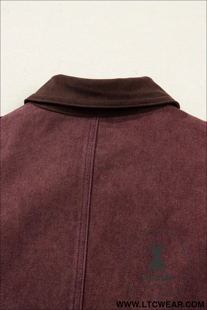Coffee corduroy collar zipped front denim jacket - jackets