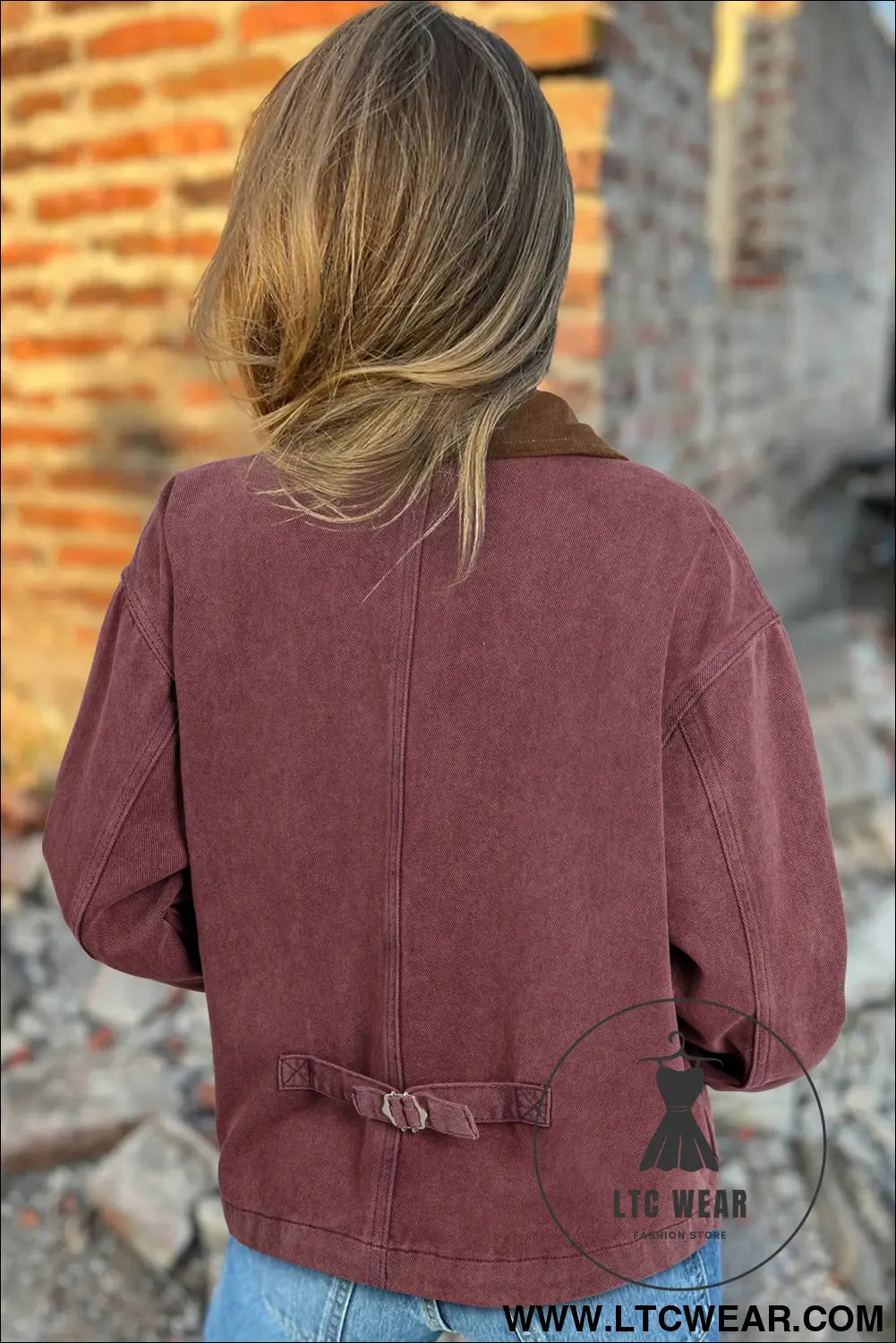 Coffee corduroy collar zipped front denim jacket - jackets