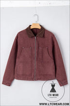 Coffee corduroy collar zipped front denim jacket - jackets