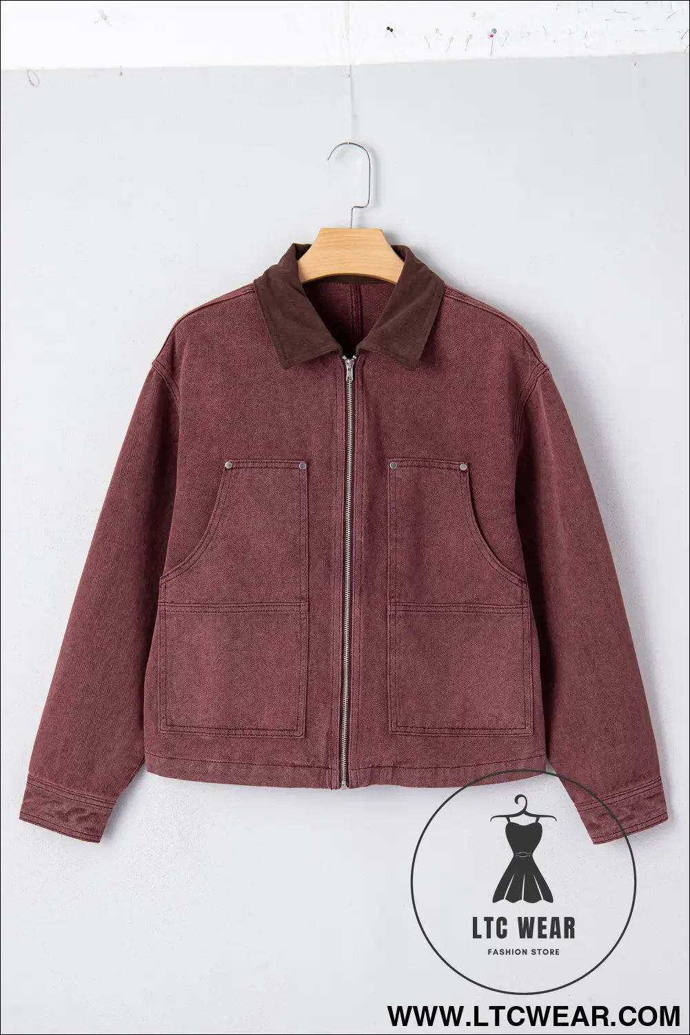 Coffee corduroy collar zipped front denim jacket - jackets
