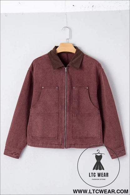 Coffee corduroy collar zipped front denim jacket - jackets