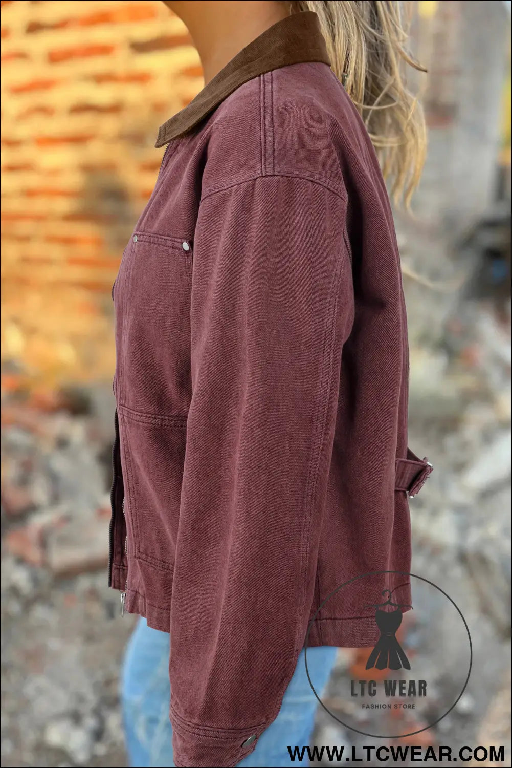 Coffee corduroy collar zipped front denim jacket - jackets