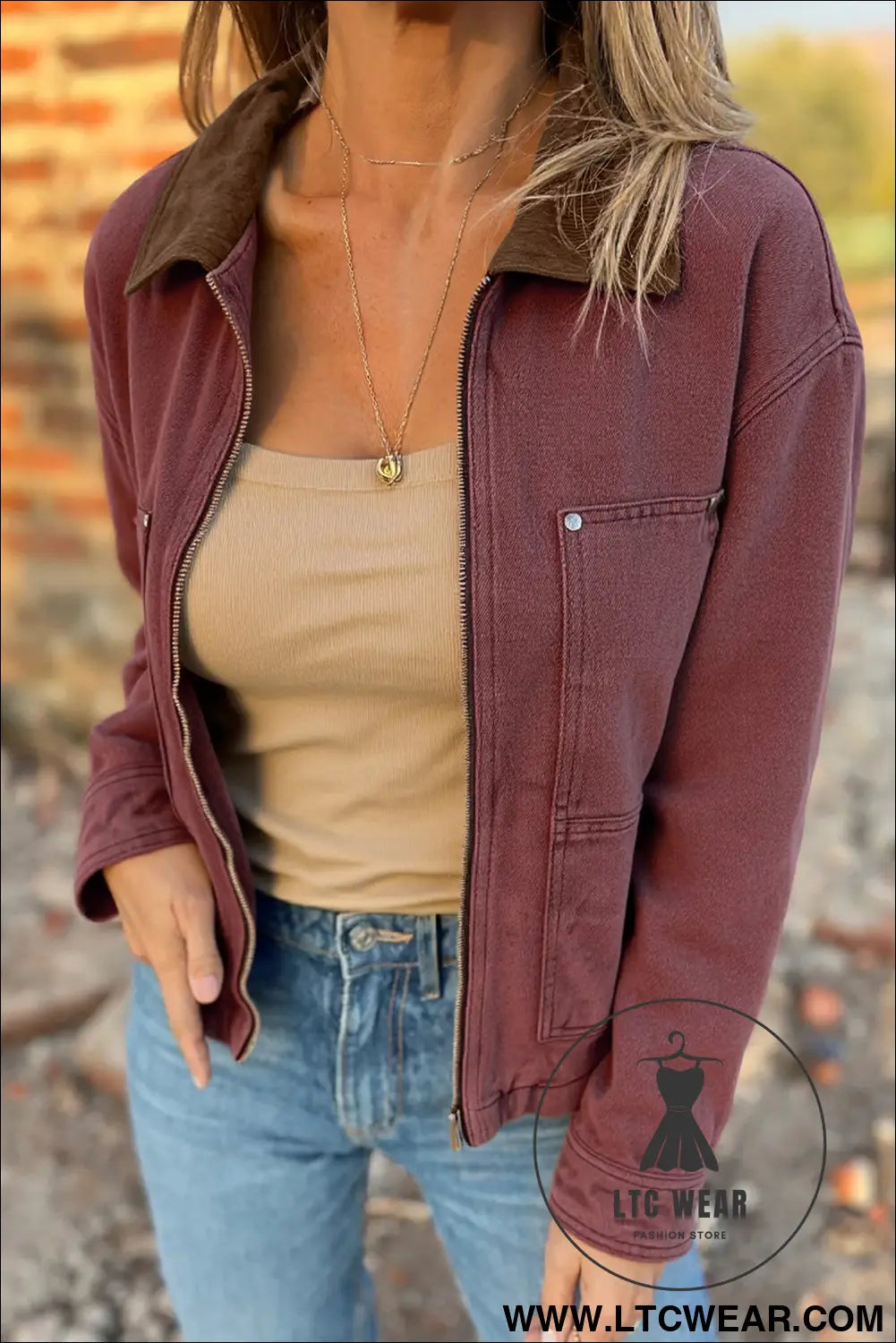 Coffee corduroy collar zipped front denim jacket - coffee / l / 100% cotton - jackets