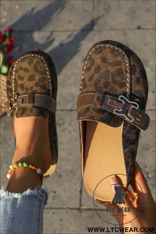 Coffee Faux Suede Cute Buckle PU Leather Strap Mule Slippers - L.T.C Wear Online Fashion Store