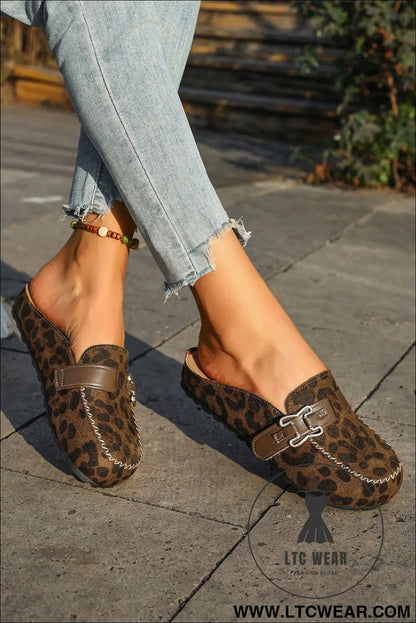 Coffee Faux Suede Cute Buckle PU Leather Strap Mule Slippers - L.T.C Wear Online Fashion Store