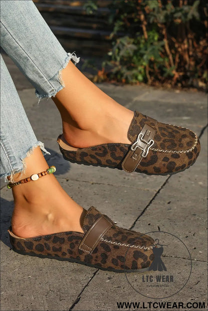 Coffee Faux Suede Cute Buckle PU Leather Strap Mule Slippers - L.T.C Wear Online Fashion Store