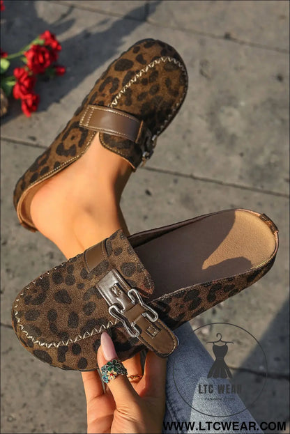Coffee Faux Suede Cute Buckle PU Leather Strap Mule Slippers - L.T.C Wear Online Fashion Store