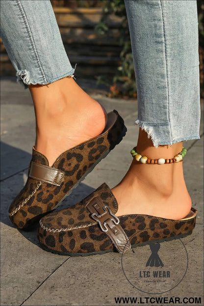 Coffee Faux Suede Cute Buckle PU Leather Strap Mule Slippers - L.T.C Wear Online Fashion Store