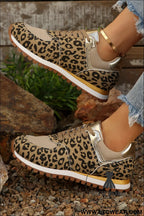 Coffee leopard faux suede mixed patchwork lace up sneakers - womens shoes