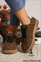 Coffee leopard print contrast heel tab patchwork laceup shoes - womens shoes