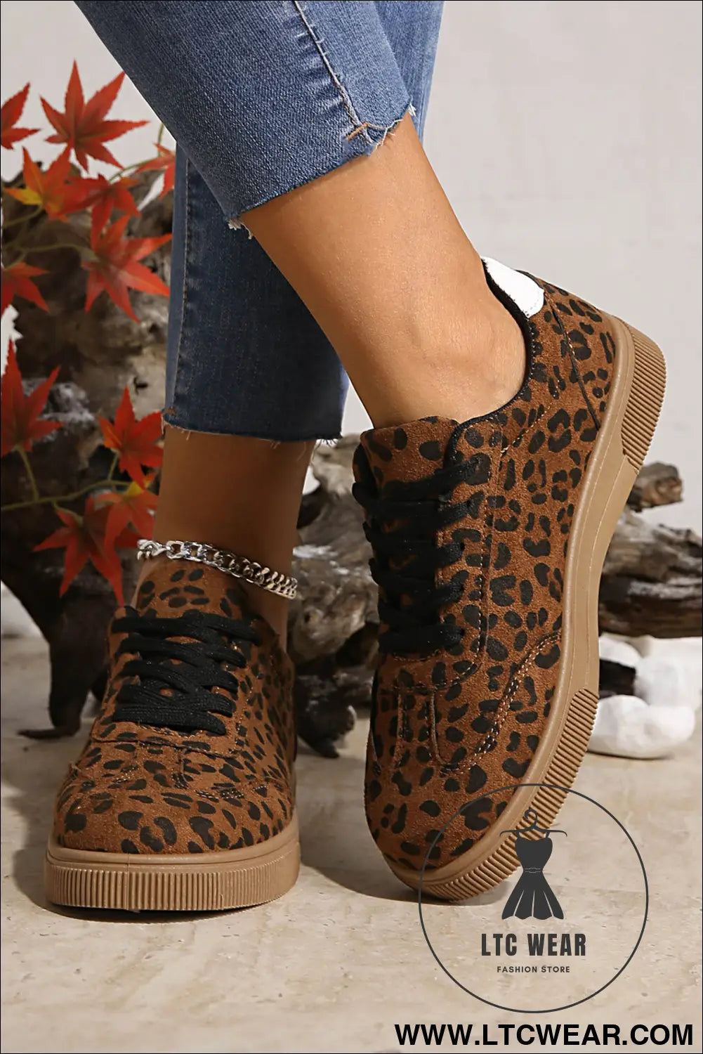 Coffee leopard print contrast heel tab patchwork laceup shoes - womens shoes