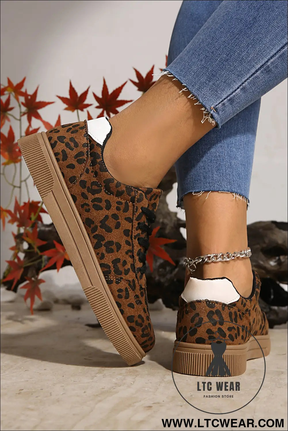 Coffee leopard print contrast heel tab patchwork laceup shoes - womens shoes