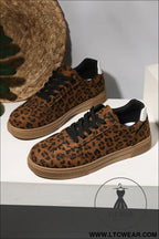 Coffee leopard print contrast heel tab patchwork laceup shoes - womens shoes