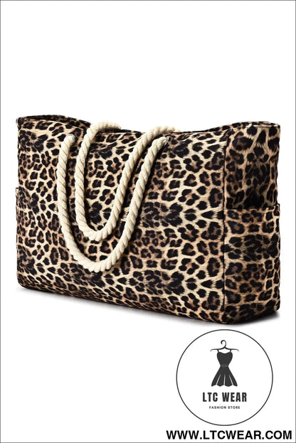 Coffee Leopard Print Rope Straps Large Travel Shopping Bag - L.T.C Wear Online Fashion Store
