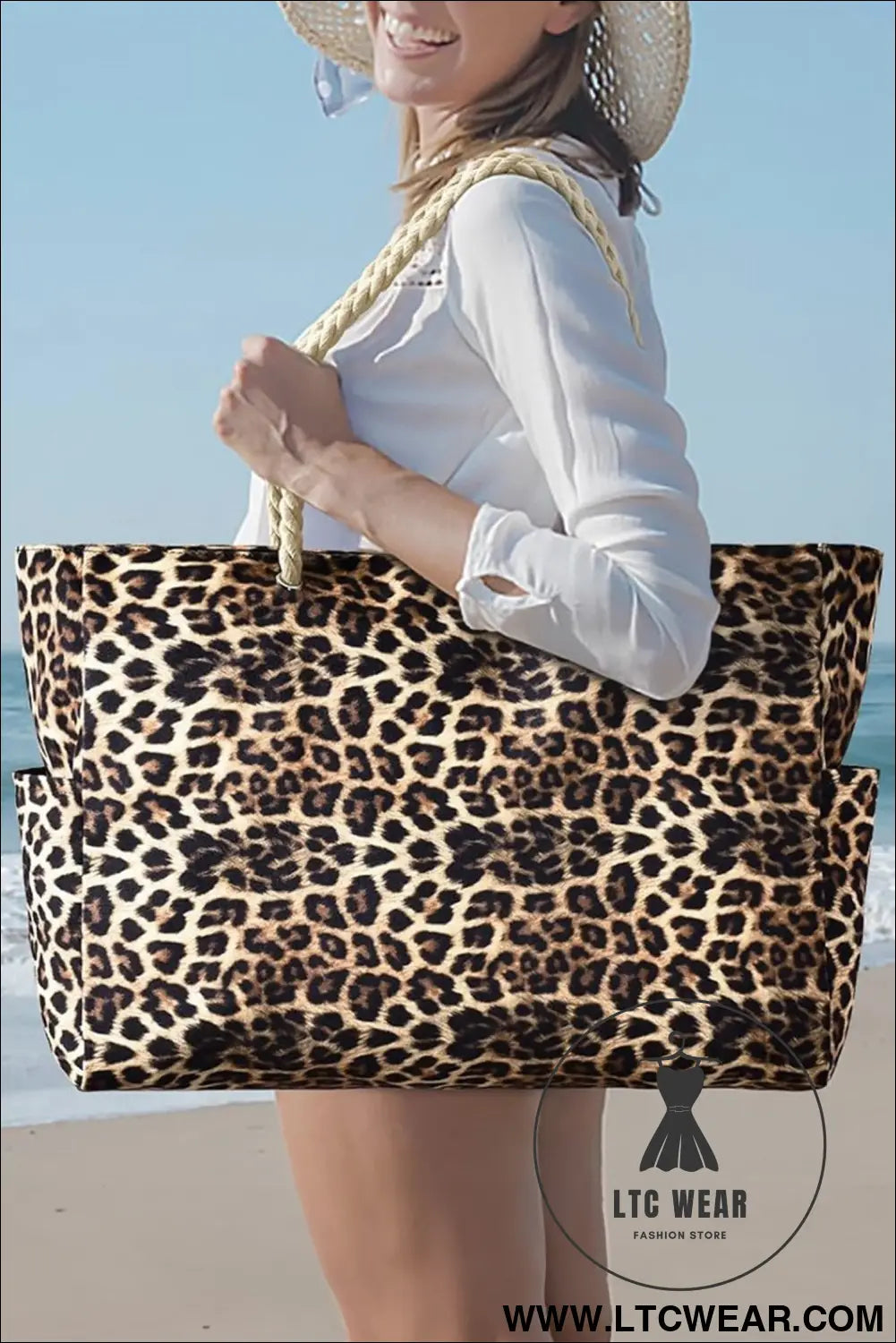 Coffee Leopard Print Rope Straps Large Travel Shopping Bag - L.T.C Wear Online Fashion Store