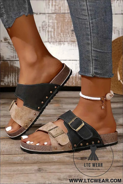 Coffee Leopard Two-tone Retro Buckle Straps Hollowed Faux Suede Slippers