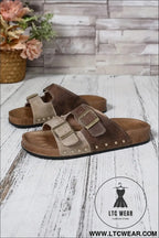 Coffee leopard two-tone retro buckle straps hollowed faux suede slippers - slippers