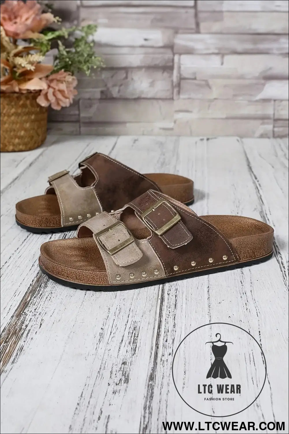 Coffee leopard two-tone retro buckle straps hollowed faux suede slippers - slippers