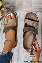 Coffee leopard two-tone retro buckle straps hollowed faux suede slippers - slippers