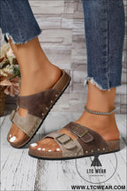 Coffee leopard two-tone retro buckle straps hollowed faux suede slippers - slippers