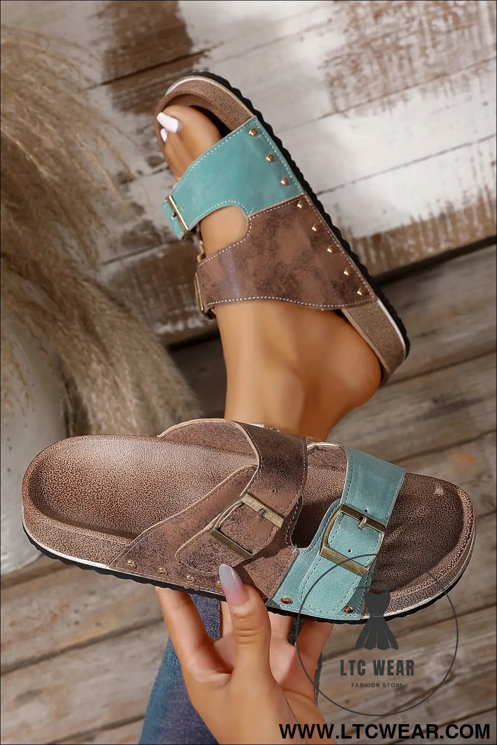 Coffee Leopard Two-tone Retro Buckle Straps Hollowed Faux Suede Slippers - L.T.C Wear Online Fashion Store