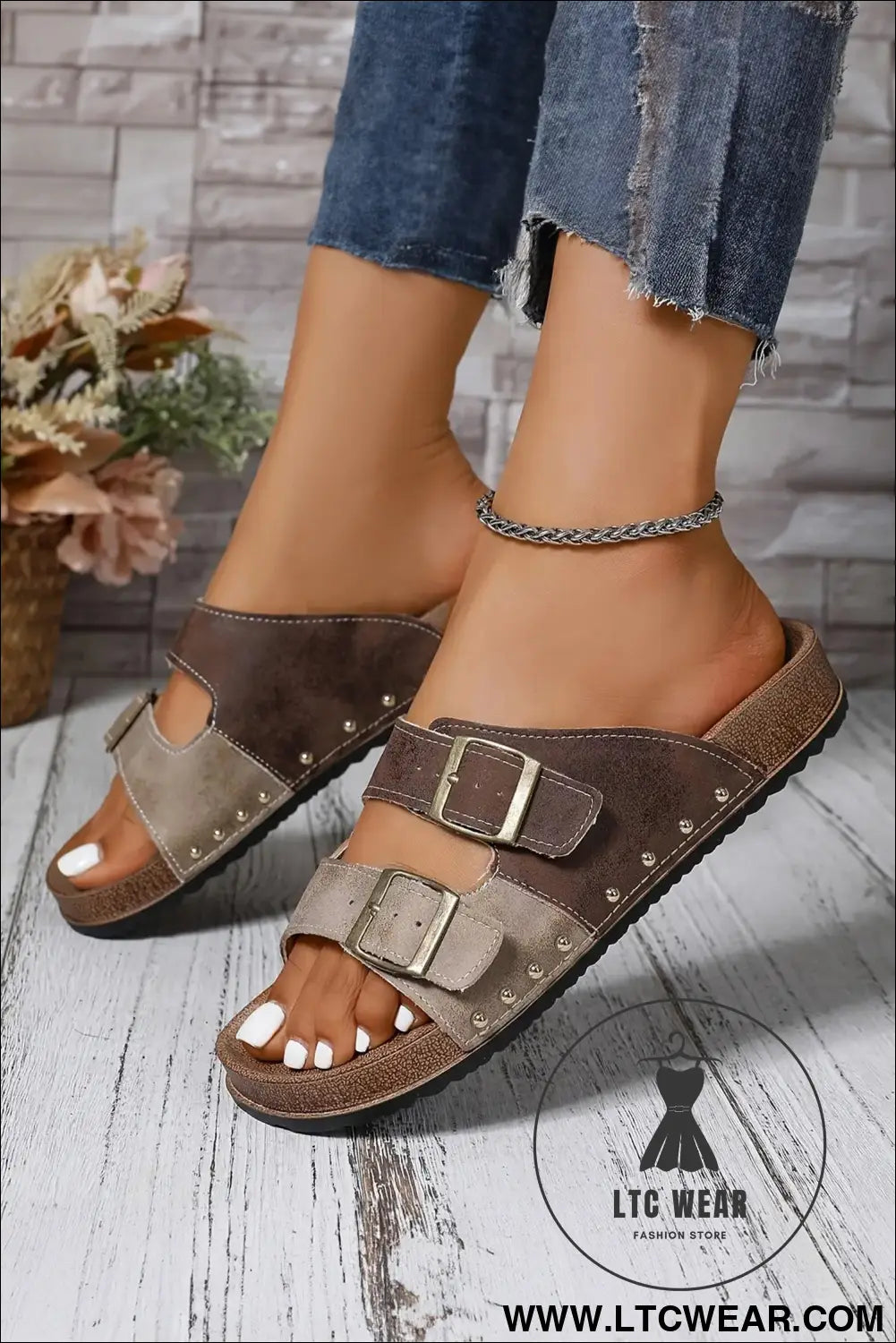 Coffee leopard two-tone retro buckle straps hollowed faux suede slippers - slippers