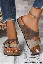 Coffee leopard two-tone retro buckle straps hollowed faux suede slippers - coffee / 37 / 95% pu + 5% alloy - slippers