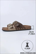 Coffee leopard two-tone retro buckle straps hollowed faux suede slippers - slippers