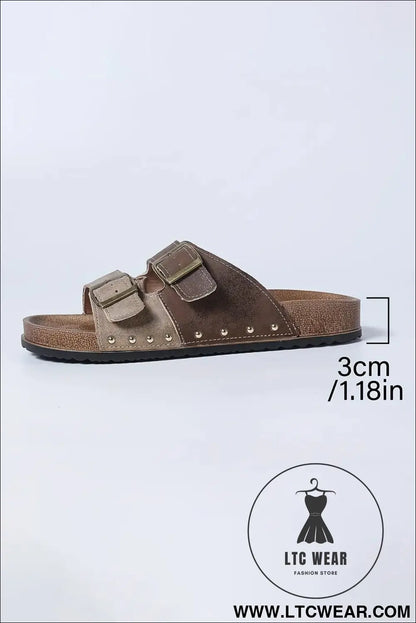 Coffee leopard two-tone retro buckle straps hollowed faux suede slippers - slippers