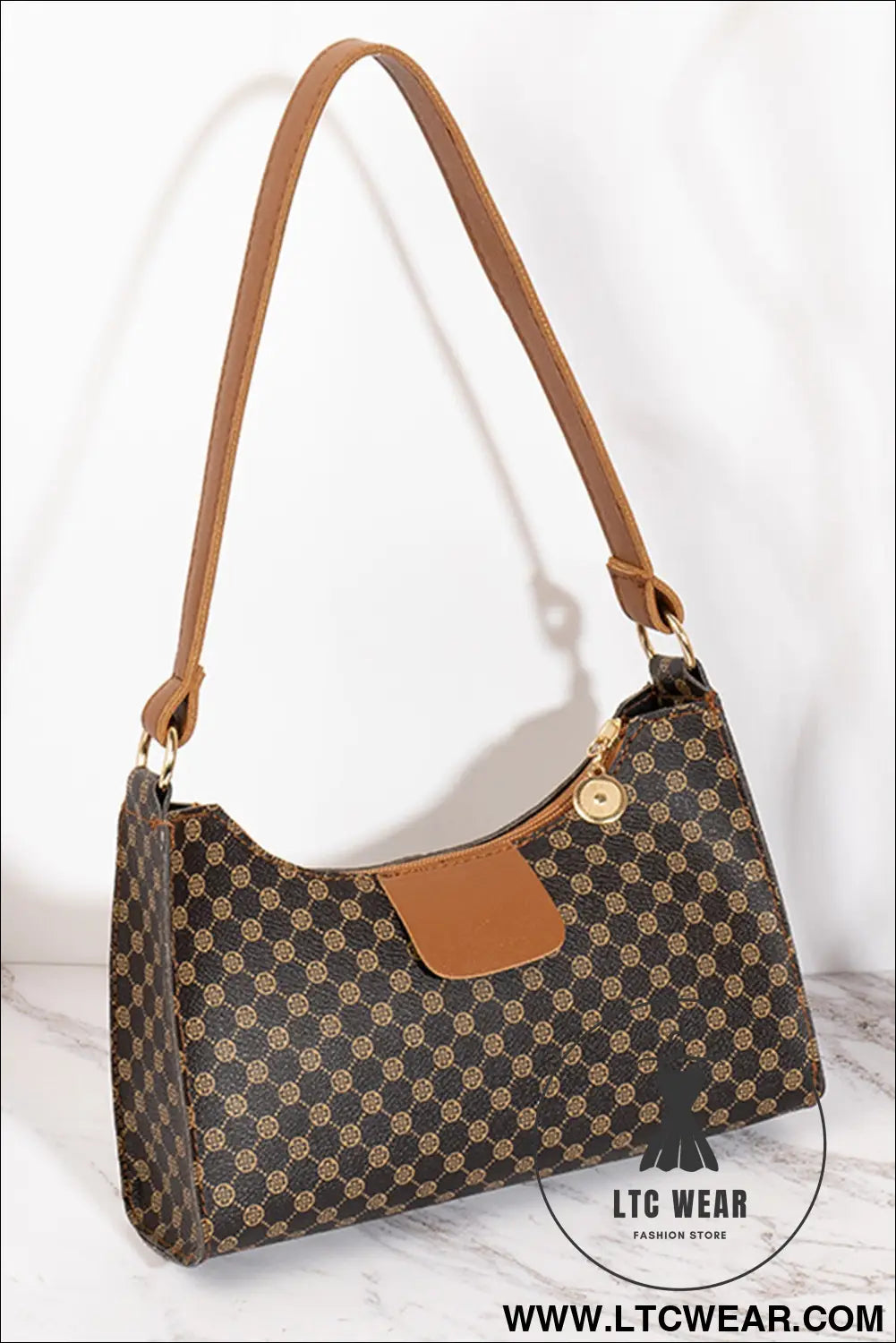 Coffee luxury inspired print pu leather shoulder bag - coffee / one size / 95% pu + 5% alloy - shoulder bags