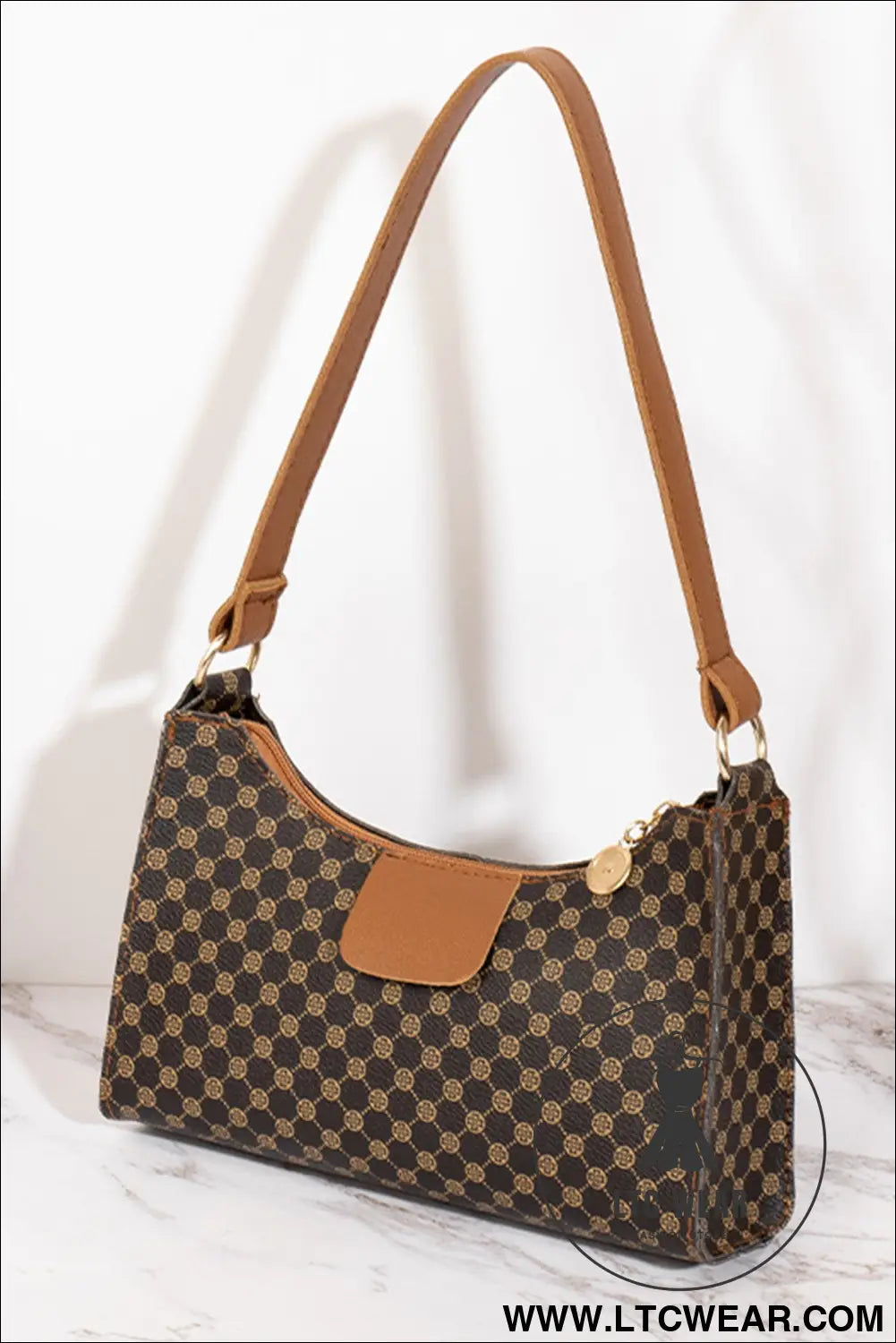 Coffee luxury inspired print pu leather shoulder bag - coffee / one size / 95% pu + 5% alloy - shoulder bags