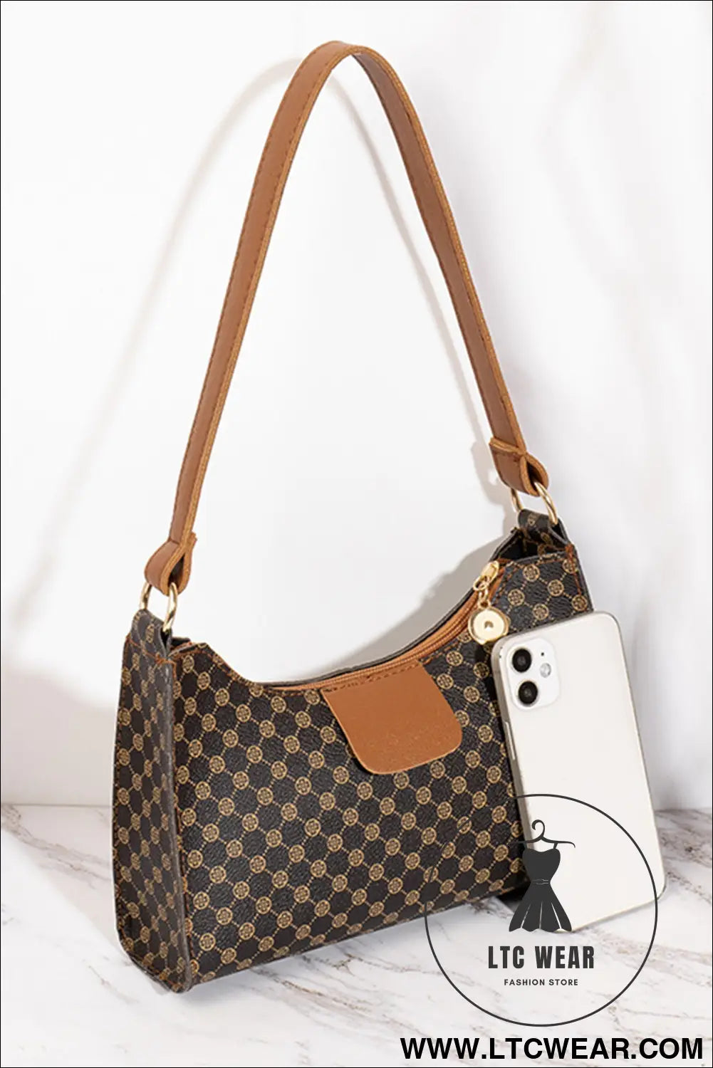 Coffee luxury inspired print pu leather shoulder bag - coffee / one size / 95% pu + 5% alloy - shoulder bags