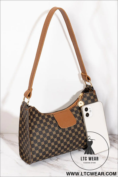 Coffee luxury inspired print pu leather shoulder bag - coffee / one size / 95% pu + 5% alloy - shoulder bags