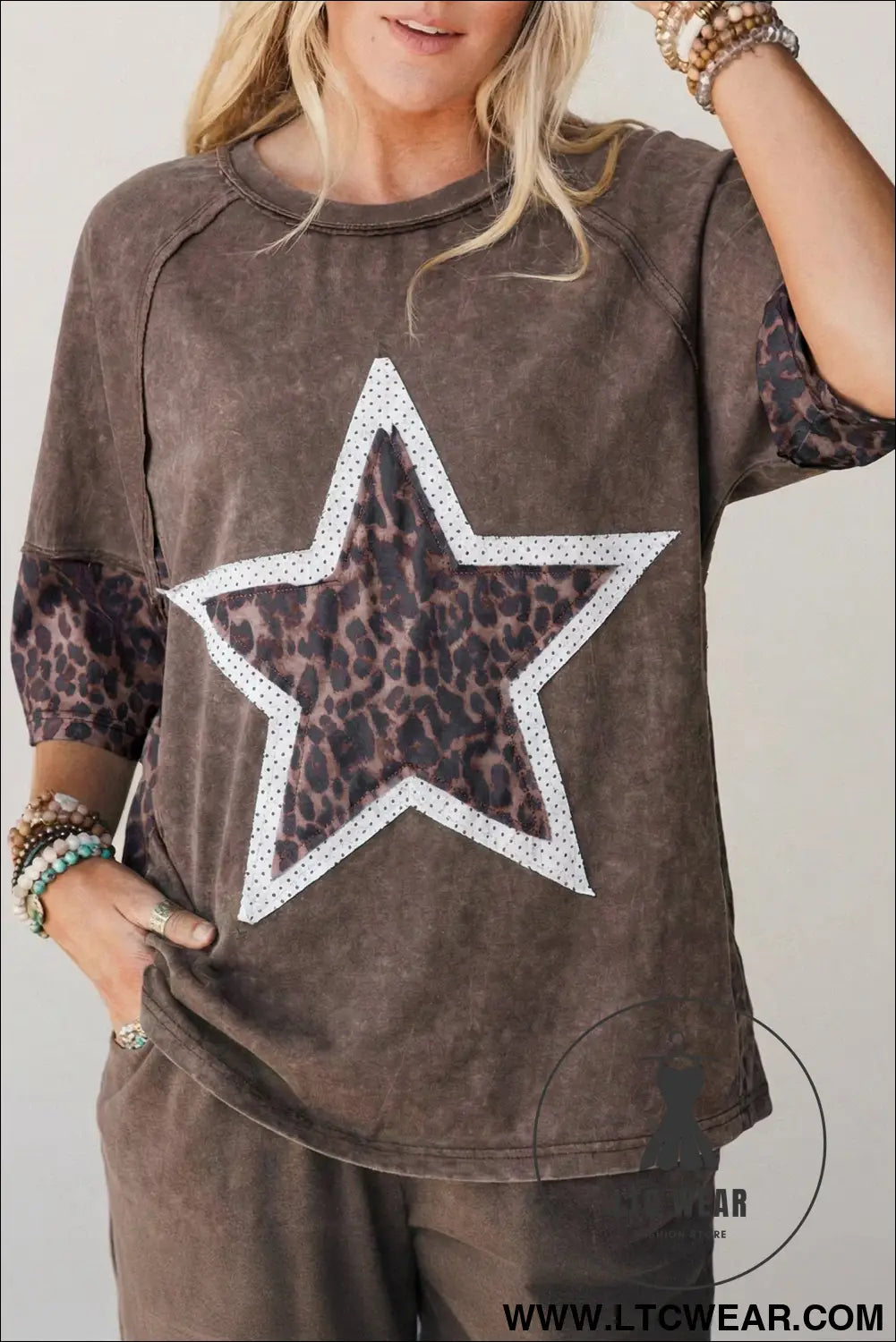 Coffee Mineral Wash Exposed Seam Leopard Star Patched T Shirt