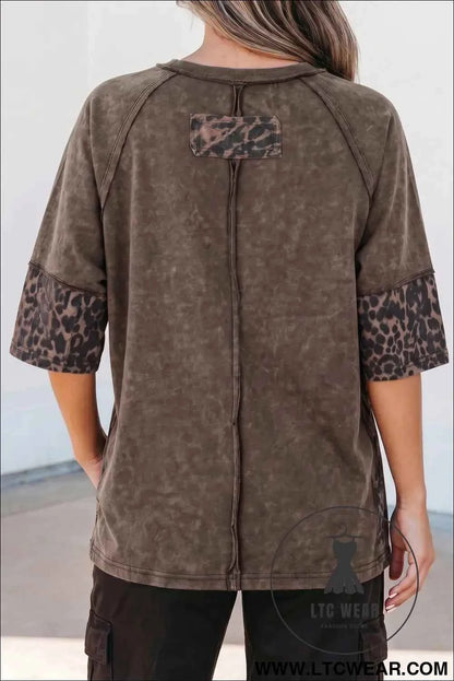 Coffee Mineral Wash Exposed Seam Leopard Star Patched T Shirt