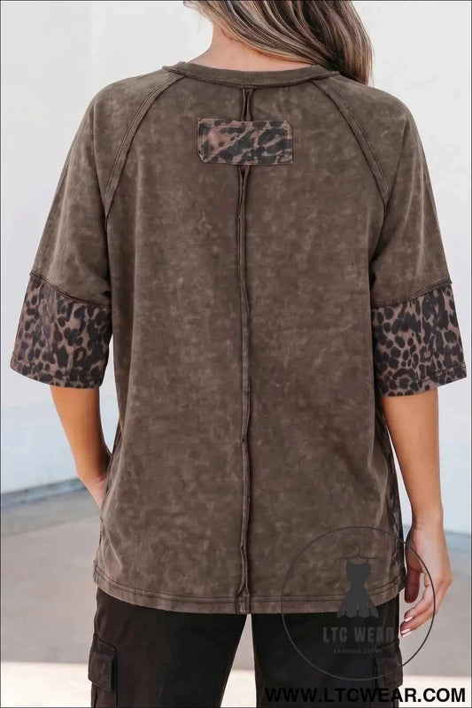 Coffee Mineral Wash Exposed Seam Leopard Star Patched T Shirt