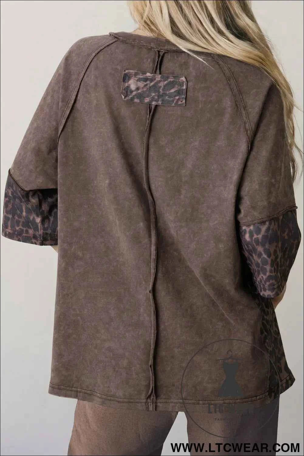 Coffee Mineral Wash Exposed Seam Leopard Star Patched T Shirt