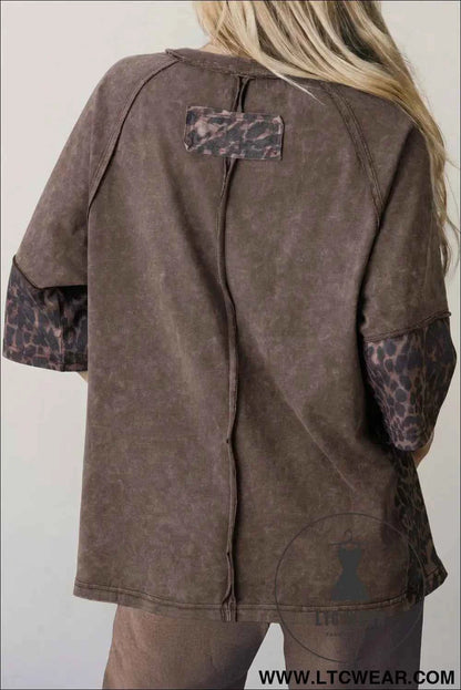 Coffee Mineral Wash Exposed Seam Leopard Star Patched T Shirt