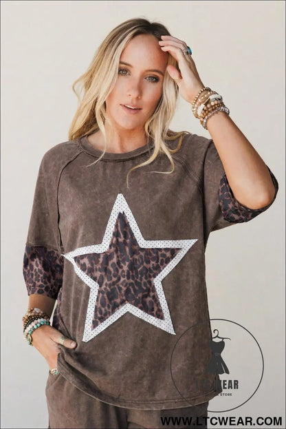 Coffee mineral wash exposed seam leopard star patched t shirt - tops & tees