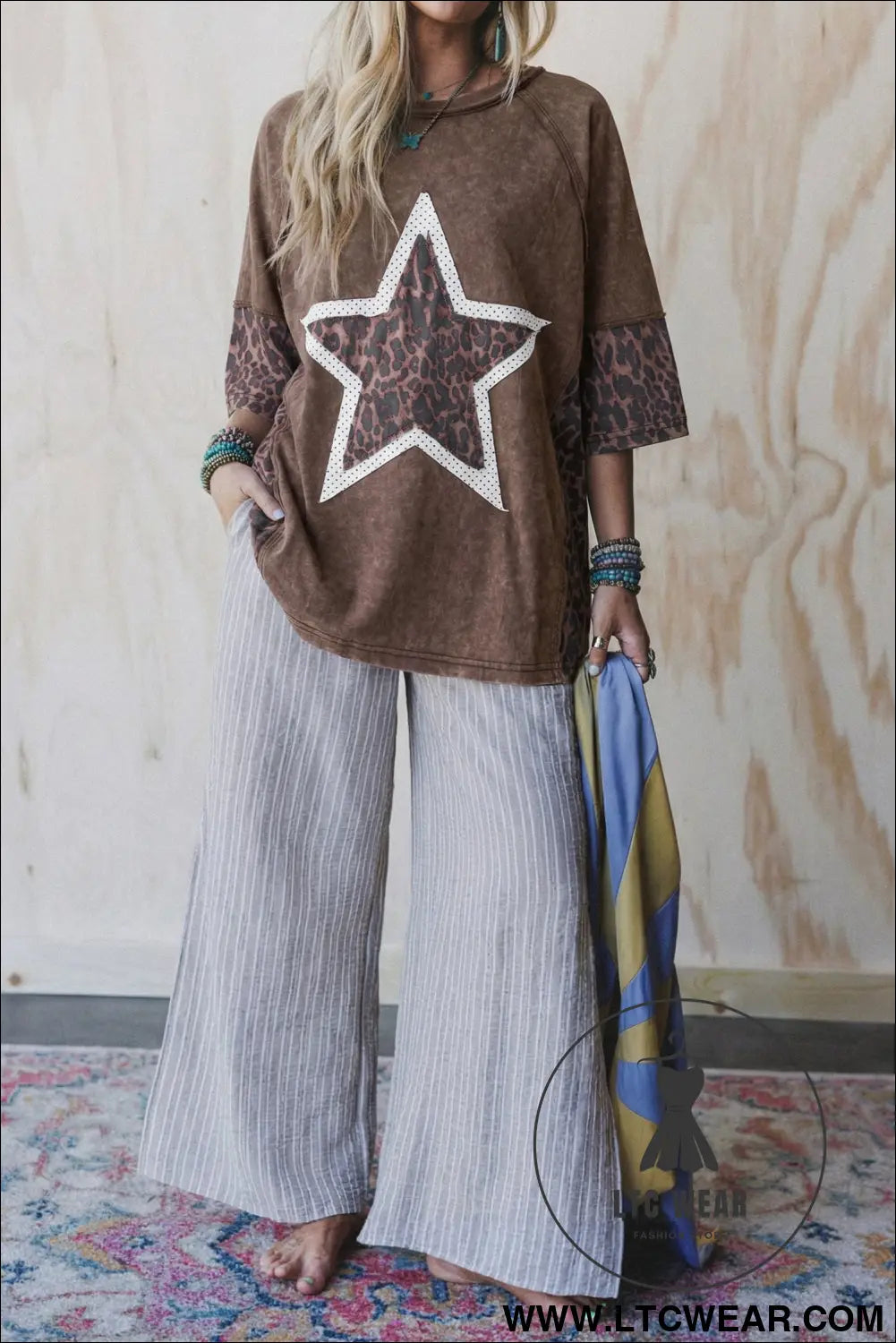 Coffee mineral wash exposed seam leopard star patched t shirt - tops & tees